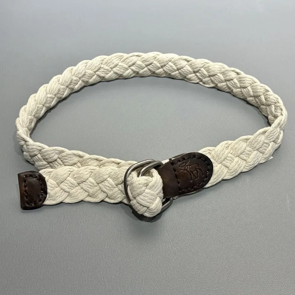 Abercrombie Fitch A&F Woven Cotton Leather Belt Size 33 Cream Moose Logo D-Rings
